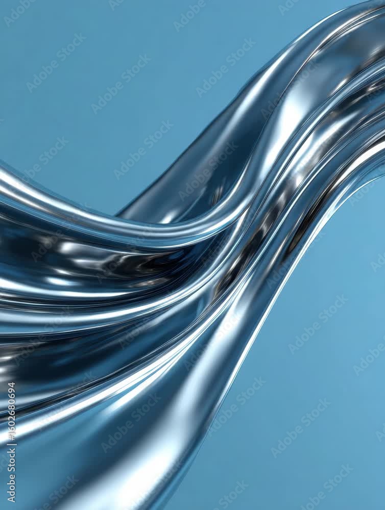 Poster liquid metal flow with shiny reflective surface and abstract texture, smooth curves creating futuris