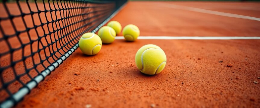 Close-up clay tennis court surface, net, tennis balls, tennis,   graphics