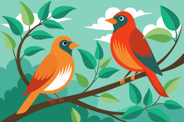 Two colorful birds sitting on a tree branch in a stylized illustration