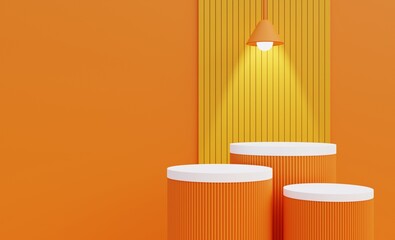 Orange and white podium with lamp for displaying various empty products. 3d illustration.