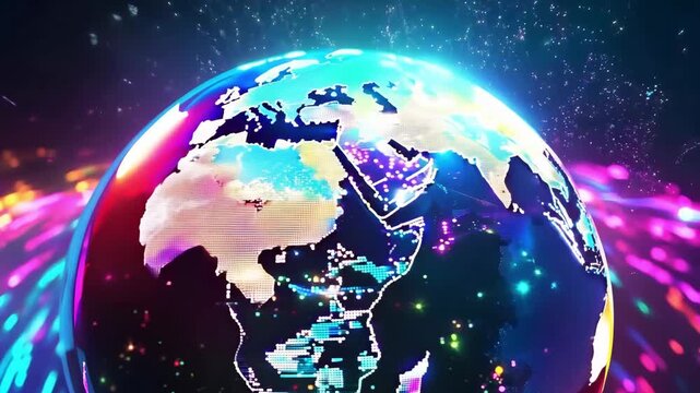 A colorful Earth globe showcasing technological growth and global connections with dynamic lighting effects - Powered by Adobe