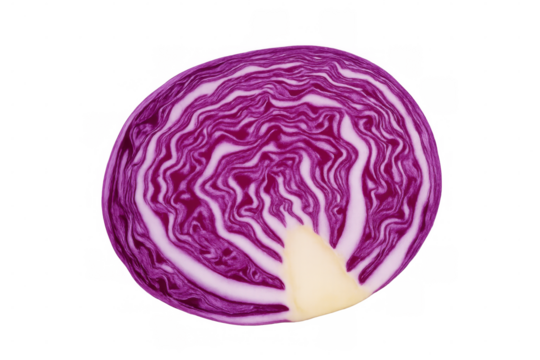Close-up of a red cabbage slice revealing intricate purple and white layers, isolated on a transparent background