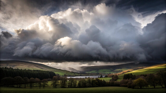 Dramatic landscape featuring stormy clouds above rolling green hills and a tranquil lake