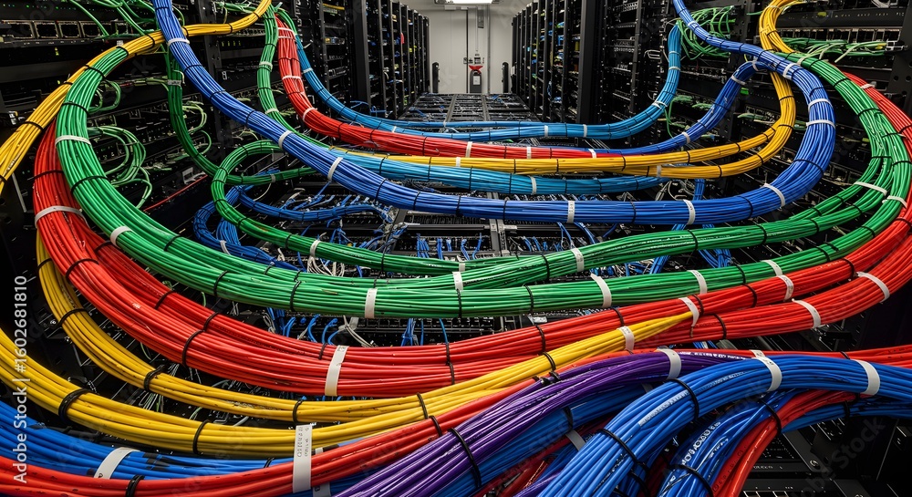 Poster data center server room with colorful network cables and wires, it infrastructure, server racks, int