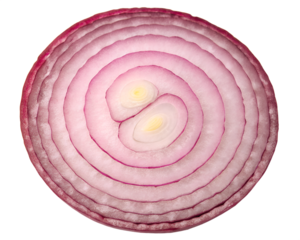Sliced red onion rings on a white background. Top view.
