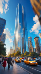 towering skyscraper rises with an air of modern elegance. The building, made of glass and steel, reflects the bustling city below.	
