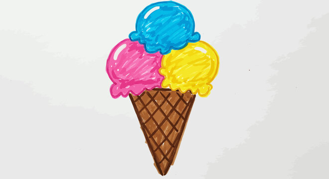 Colorful illustration of a melting three-scoop ice cream cone, a delicious and sweet summer dessert, Drawn with thick crayons