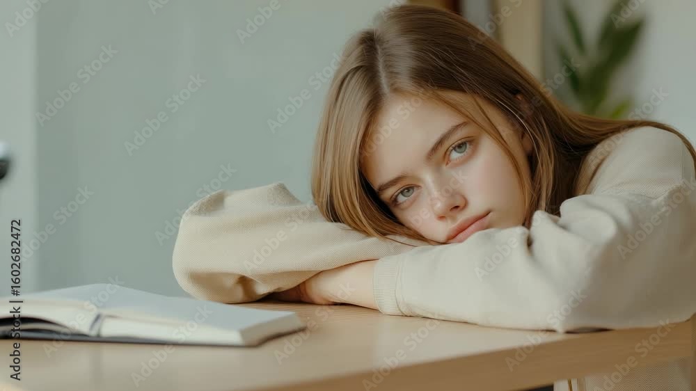Poster bored pupil resting her head on folded arms while sitting at desk with notebook in classroom, experi