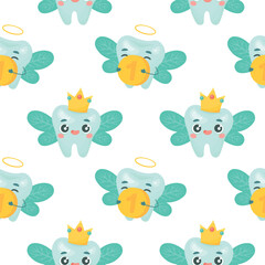 Seamless pattern with funny cute tooth fairy with coin and wings. Happy teeth illustration ornament