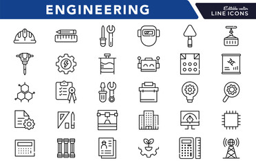 Engineering linear icon set. Tools, gear, construction, work, blueprint, helmet, wrench, factory, robotics, mechanical, industrial, innovation, architecture, vector icon set. UI thin line icon pack