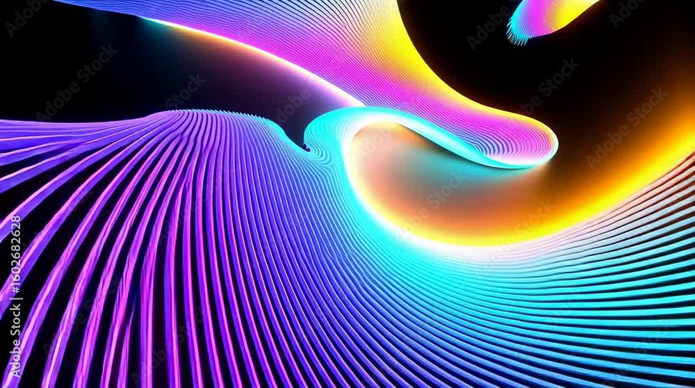 Poster colorful neon curved line abstract flow with smooth vibrant waves on dark background creating dynami