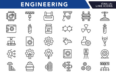 Engineering linear icon set. Tools, gear, construction, work, blueprint, helmet, wrench, factory, robotics, mechanical, industrial, innovation, architecture, vector icon set. UI thin line icon pack