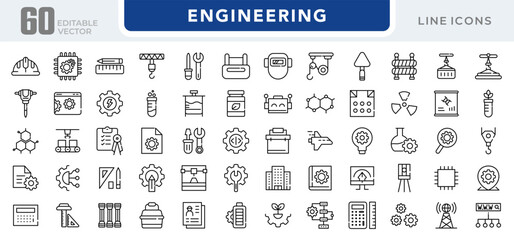 Engineering linear icon set. Tools, gear, construction, work, blueprint, helmet, wrench, factory, robotics, mechanical, industrial, innovation, architecture, vector icon set. UI thin line icon pack