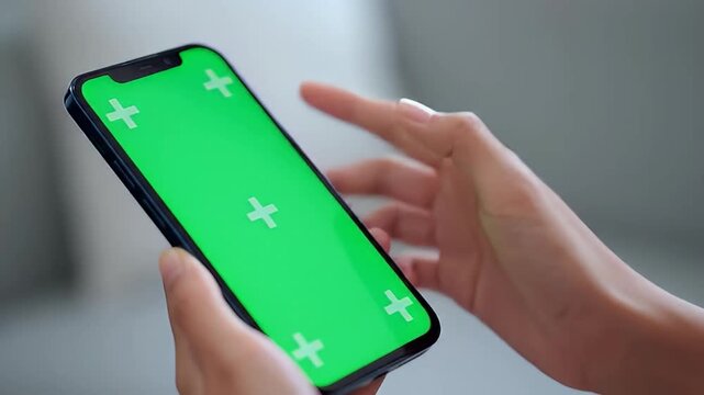 Person holding smartphone with green screen for chroma key compositing. Customizable mobile phone template with tracking markers.