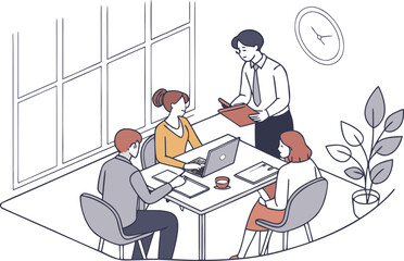 Fototapeta premium People are meeting at a table with a laptop and documents in an office near a window and a plant near clock