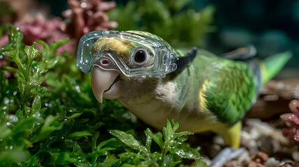 Obraz premium Parakeet in Scuba Gear Swimming in Fish Tank Aquatic Adventure Nature Photography Indoor Environment Close-up View Whimsical Concept