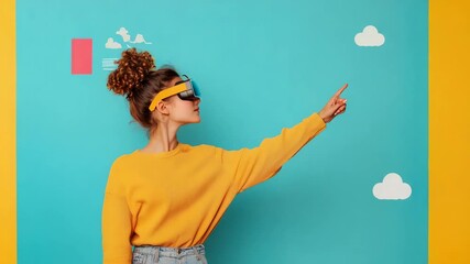 Young woman wearing a vr headset interacts with a virtual reality interface, pointing at vibrant virtual elements against a colorful two toned background - Powered by Adobe