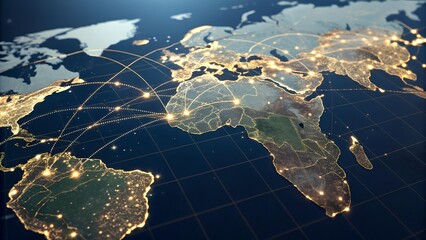 The image displays a world map with glowing points of light marking cities, and lines showcasing a network of connections, all set against a dark blue