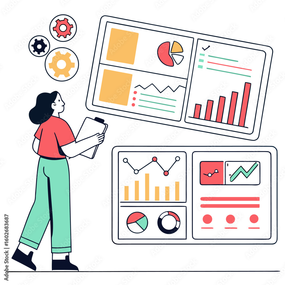 Poster woman analyzing data on dashboards with charts graphs and gears in a modern flat vector illustration