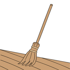 Hand-drawn broomstick illustration leaning on a wooden floor for cleaning tasks