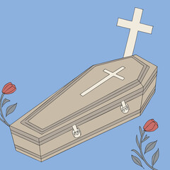 Coffin with cross on blue background surrounded by roses representing death and remembrance concept