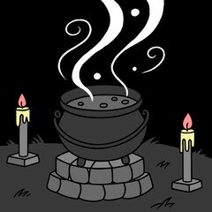 Cauldron steam with candles in a dark mystical setting representing magic and witchcraft concept