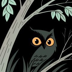 Creepy eyes of an owl hiding in the dark forest with green leaves and black background concept