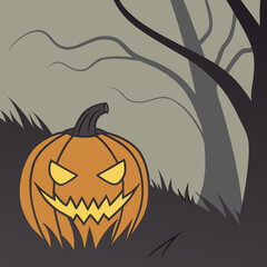 Evil pumpkin in a spooky landscape, Halloween theme, dark colors, eerie design 