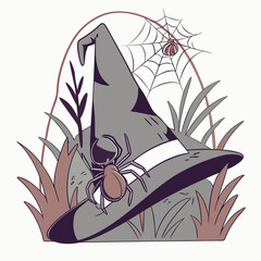 Illustration of a witch's hat adorned with a spider and a spiderweb among grass and plants