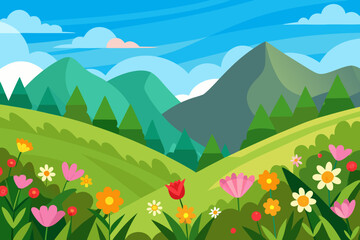 Cartoon landscape with mountains trees flowers and blue sky illustration