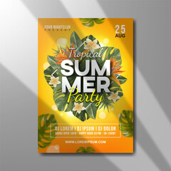 Realistic summer party poster with palm leaves