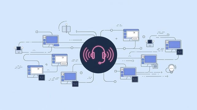 Networked computers and devices connected by lines with central headset icon computer network communication