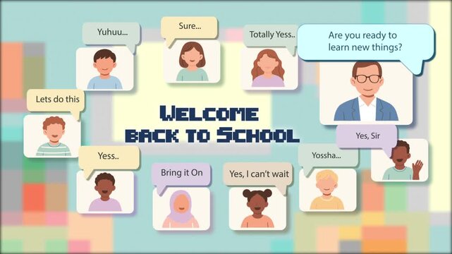 back to school animation showing kids in an online classroom. Flat vector style with mosaic 8-bit effect, tablet UI, pop-up chat bubbles, and cheerful faceless students. Perfect for education, e-learn