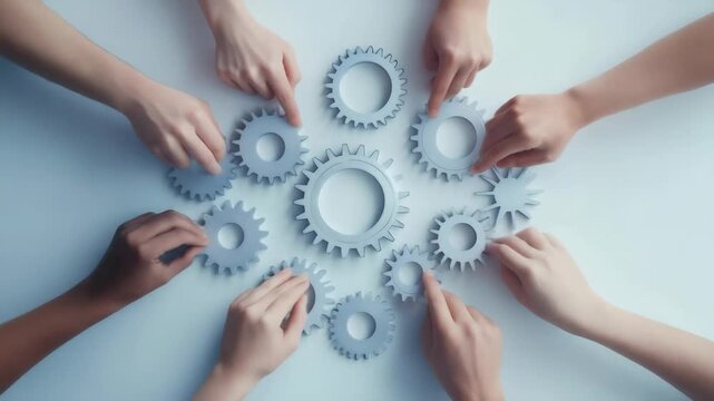Business people hands are rotating interlocking metal gears on a white background, symbolizing teamwork, collaboration, and the smooth functioning of a complex system