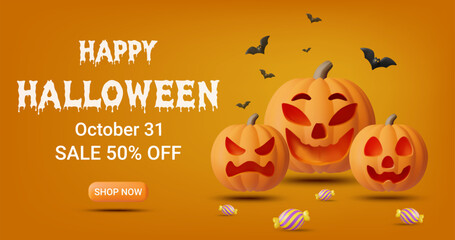 3D Illustration Vector Render of Happy Halloween Promotion Poster in Orange Tone. Pumpkin Expression, Candy, Bat, Cute and Spooky Atmosphere. Text “SALE 50% OFF” for Advertisement, Banner, Promotion.