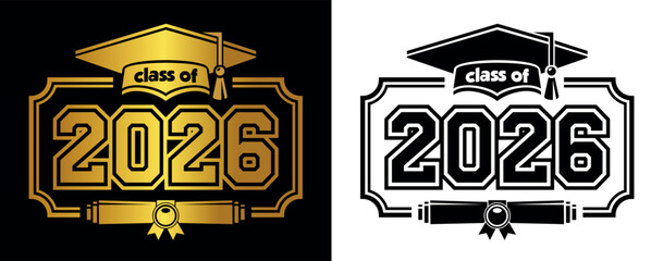 Lettering Class of 2026 for greeting, invitation card. Text for graduation design, congratulation event, T-shirt, party, high school or college graduate. Vector on transparent and black background