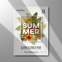 realistic summer party celebration template with palm leaves