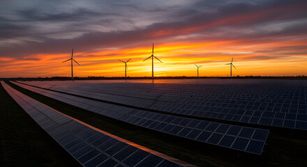 Solar panel array and wind turbines at sunset
