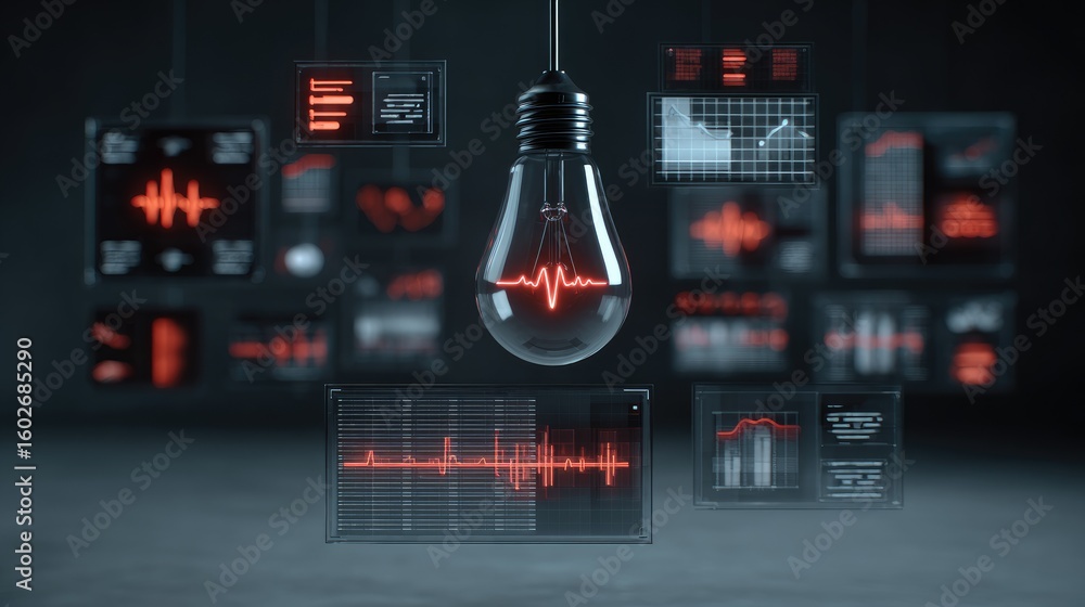 Poster d render of smart bulb glowing, pulse readings floating in augmented style display