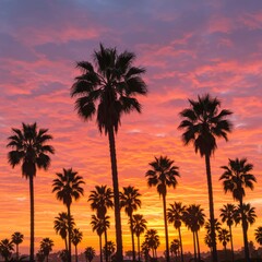 Silhouetted Palm Trees Against Vibrant Sunset Sky