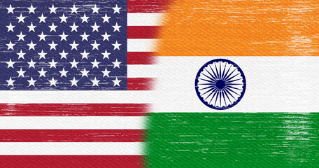Distressed USA flag stars and stripes and India flag background
