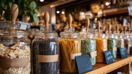 Eco-friendly zero waste shopping in organic food store displaying pasta and grains