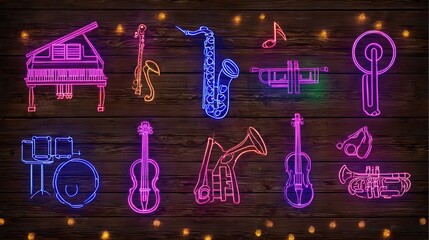Neon musical instruments on a dark wooden background.