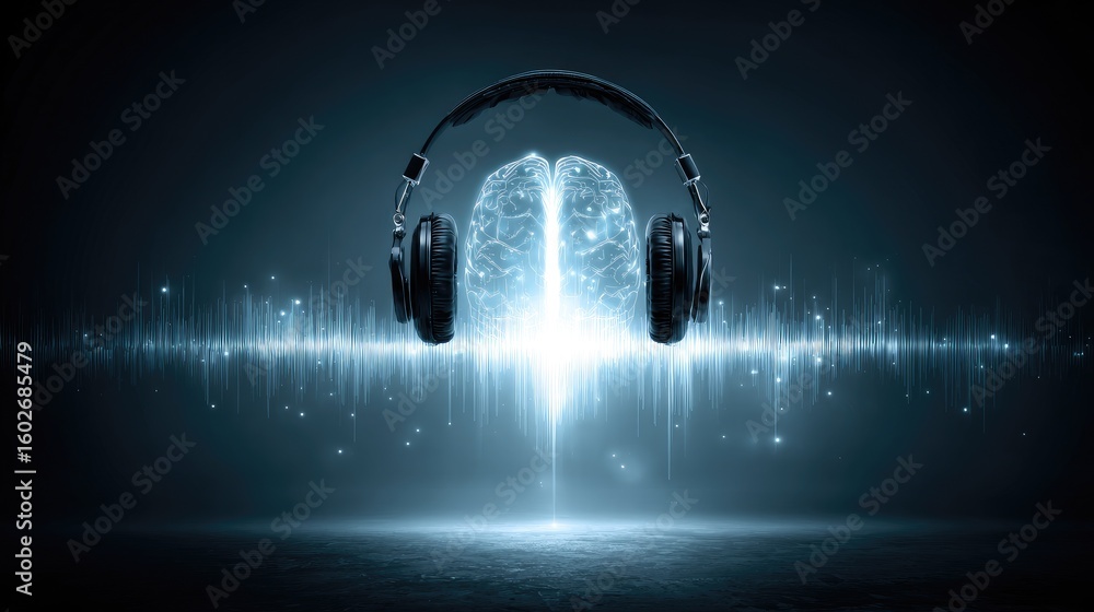 Poster abstract background with headphones and glowing brain interface as futuristic tech concept