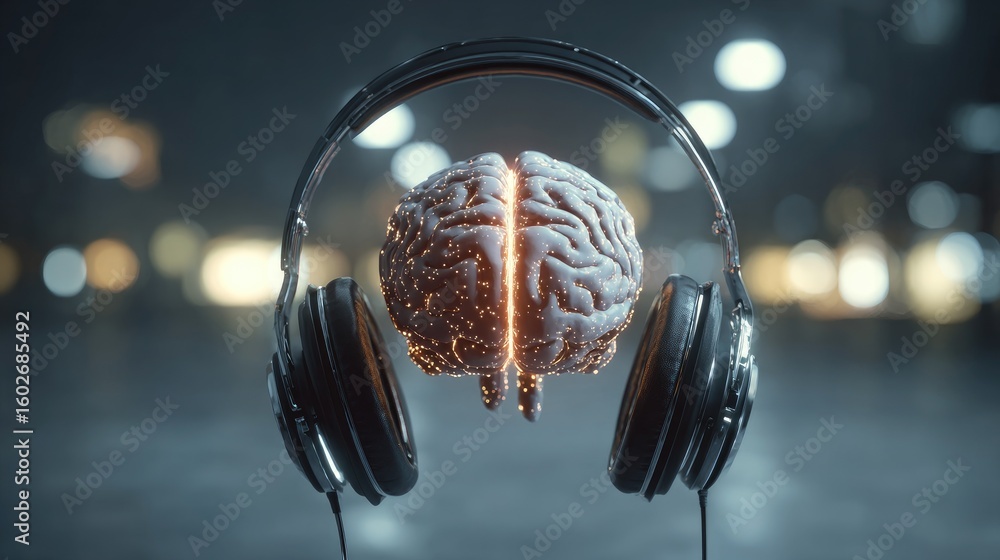 Poster abstract background with headphones and glowing brain interface as futuristic tech concept