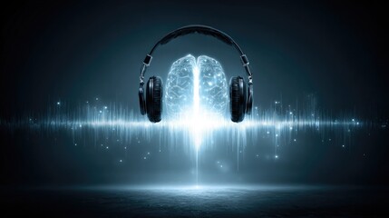 Abstract background with headphones and glowing brain interface as futuristic tech concept