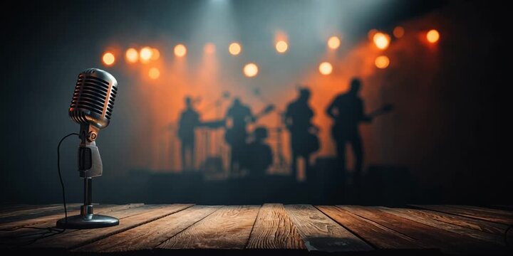 Retro Microphone on Wooden Stage with Rock Band Performing
 