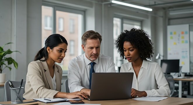 Diverse businesspeople are smiling and talking around a table in an office, collaborating on laptops during a professional team meeting - Powered by Adobe