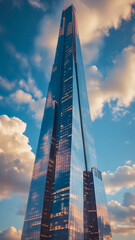 towering skyscraper rises with an air of modern elegance. The building, made of glass and steel, reflects the bustling city below.	
