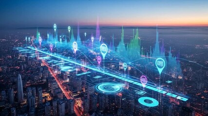 Futuristic Cityscape: Data Visualization Over Urban Infrastructure at Twilight - Powered by Adobe